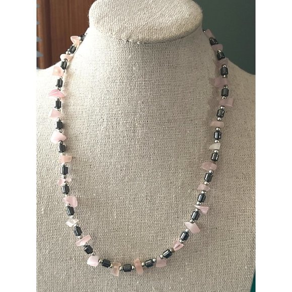 Artisan Jewelry - Pink Quartz and Hematite Genuine Necklace -- 16"